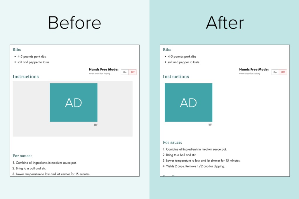 before and after view of the ad box of mediavine ads